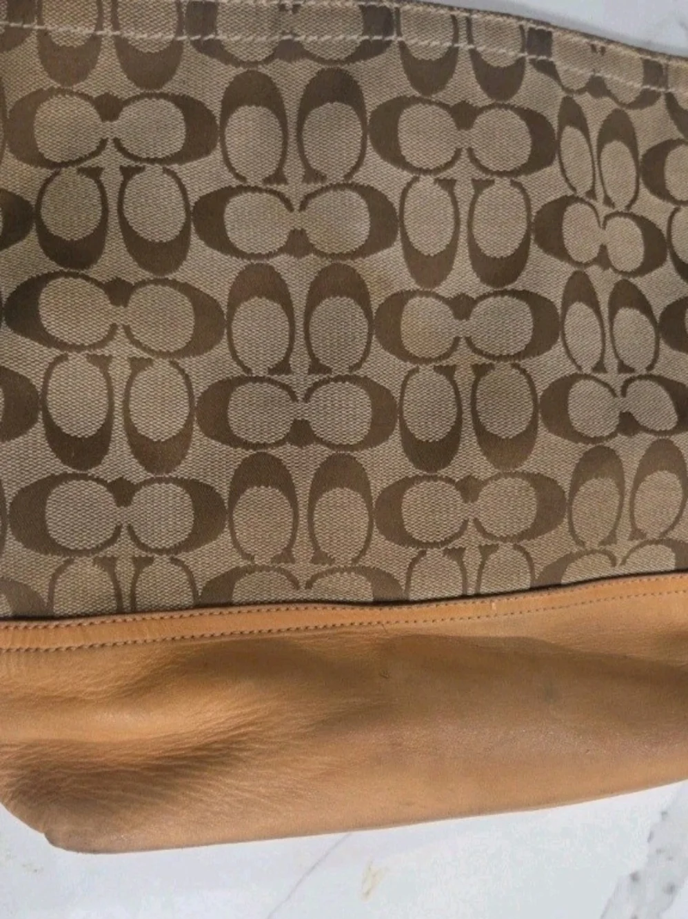 Coach Brown Signature Canvas Shoulder Bag with Tan Leather Trim
